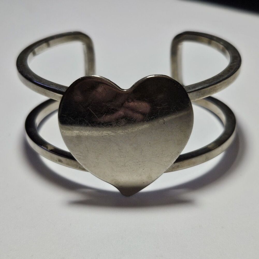 Silver Tone Large Heart Cuff Bracelet 6.75"